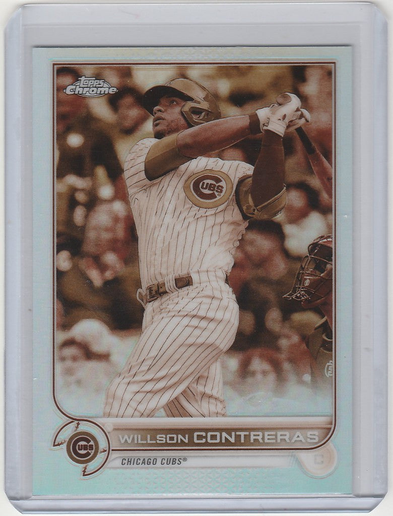 Baseball card of Willson Contreras in pinstriped uniform, Topps Chrome Sepia, Chicago Cubs