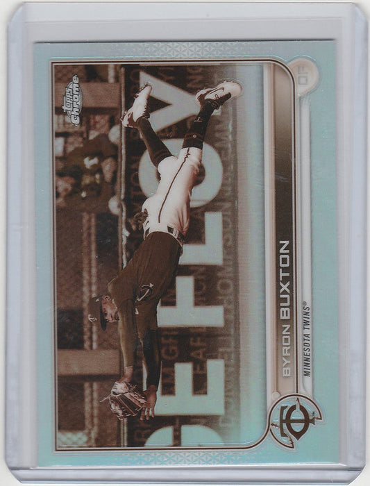 Baseball trading card of Byron Buxton in mid-pitch for Topps Chrome Sepia Minnesota Twins