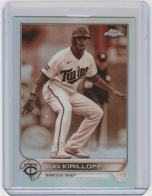 Baseball card of Alex Kirilloff in batting stance, Topps Chrome Sepia, Minnesota Twins