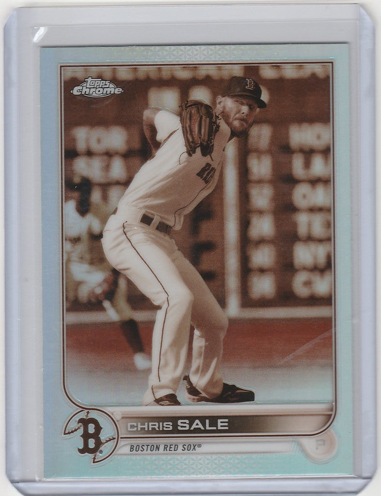 Baseball card of Chris Sale mid-throw in Topps Chrome Sepia for Boston Red Sox