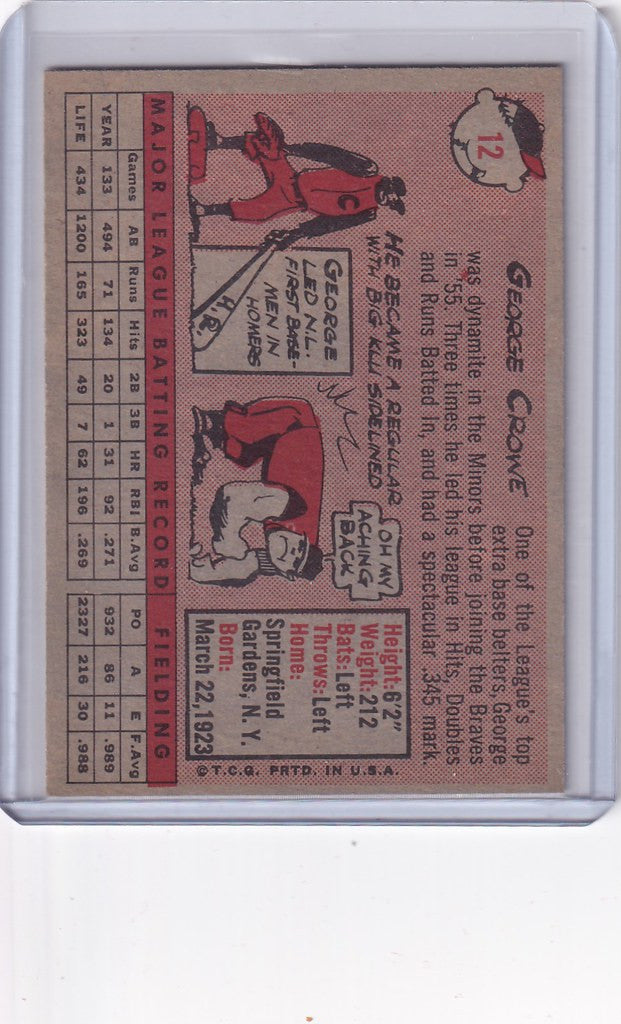 Vintage 1958 Topps Baseball card of George Crowe Cincinnati Reds with player illustrations