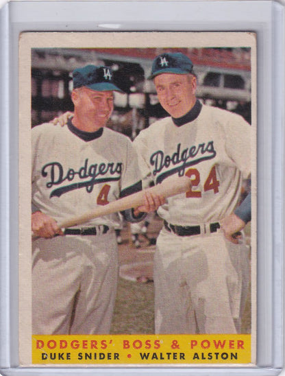 Vintage baseball card of Dodgers players shaking hands, featuring Power Duke Snider