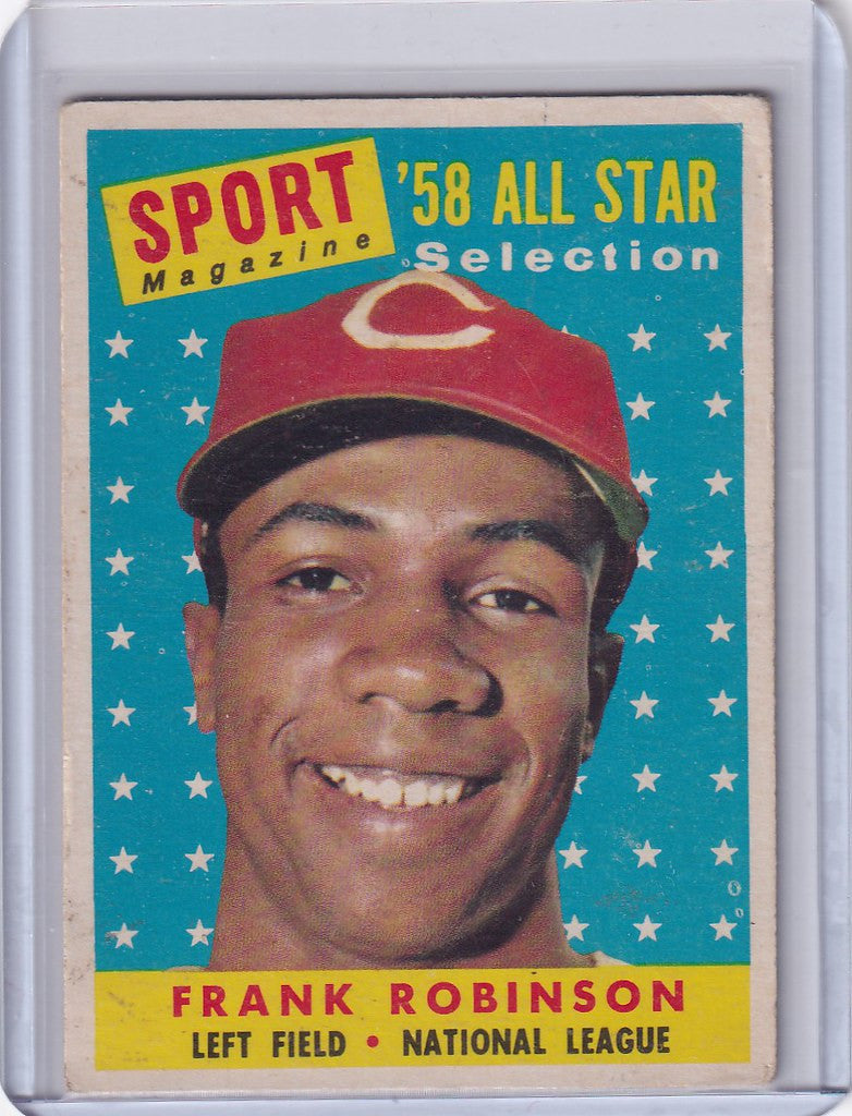 Vintage baseball card of Frank Robinson in Cincinnati Reds cap, 1958 Topps #484