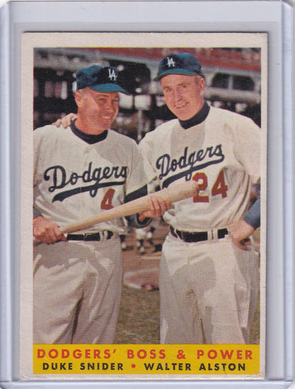 1958 Topps Baseball card featuring Dodgers Boss Power Snider and Walter Alston