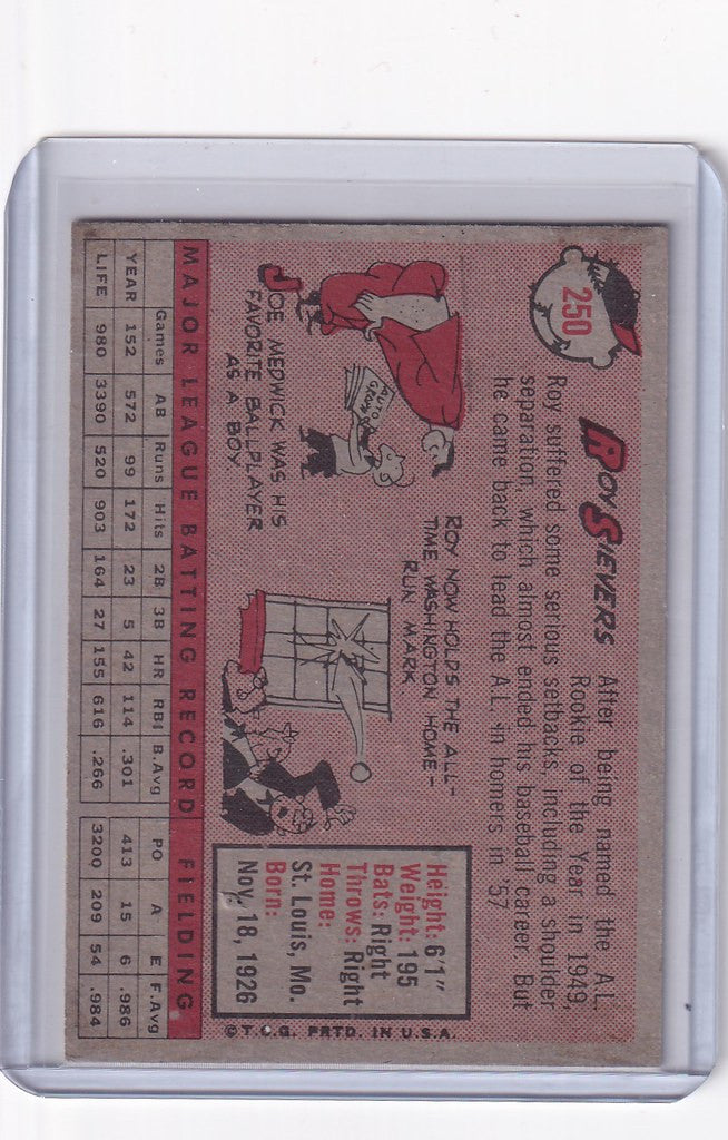 Vintage 1958 Topps Baseball card of Roy Sievers Washington Senators with player stats