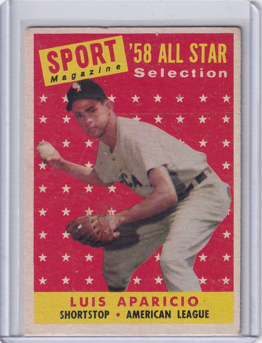 Vintage Topps Baseball card of Luis Aparicio, Chicago White Sox 1958 All-Star shortstop