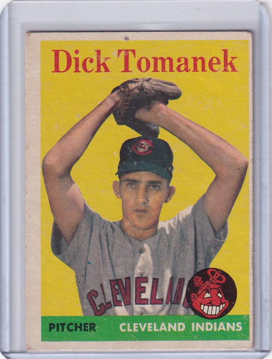 Baseball card of Dick Tomanek Cleveland Indians pitcher on yellow background