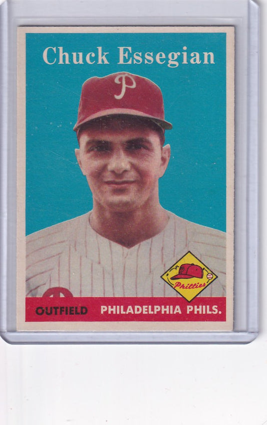 Baseball card of Chuck Essegian Philadelphia Phillies outfielder in red cap and pinstripes