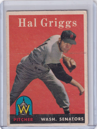 Vintage Topps Baseball card of Hal Griggs in throwing stance for Washington Senators