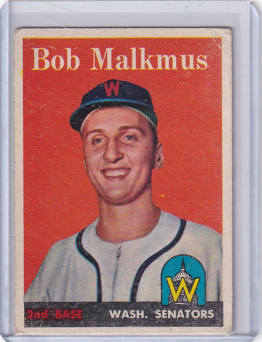 Vintage Topps Baseball card of Bobby Malkmus, smiling player from Washington Senators