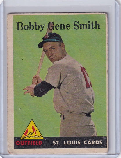 Vintage Topps Baseball card of Bobby Gene Smith in batting stance for St. Louis Cardinals