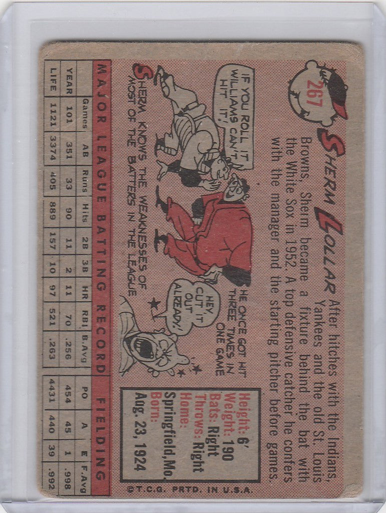 Vintage Topps Baseball card #267 of Sherm Lollar from Chicago White Sox with cartoon design