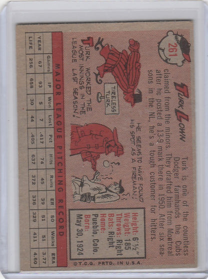 Vintage Topps Baseball card of Turk Lown from the Chicago Cubs with cartoon illustrations