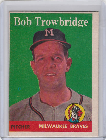 Baseball card of Bob Trowbridge, pitcher for the Milwaukee Braves, Topps Baseball 1958