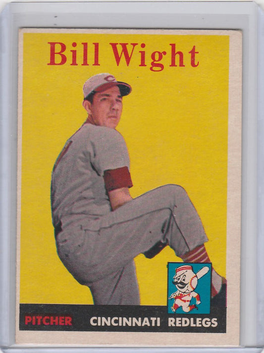 Baseball card of Bill Wight pitching for Cincinnati Reds in 1958 Topps Baseball set