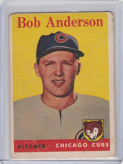 Vintage 1958 Topps Baseball card of Bob Anderson, Chicago Cubs pitcher on yellow background