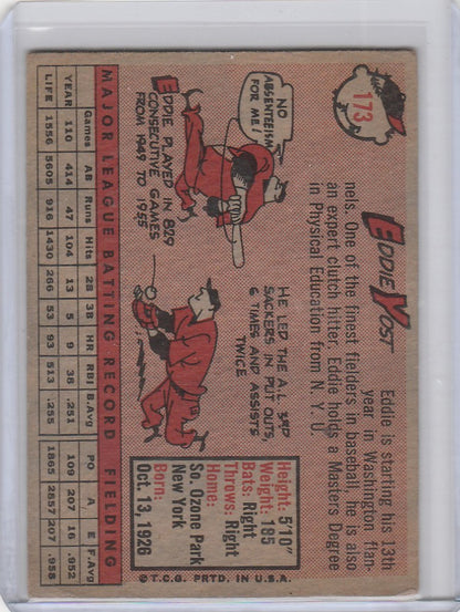 Vintage 1958 Topps Baseball card featuring Eddie Yost of the Washington Senators