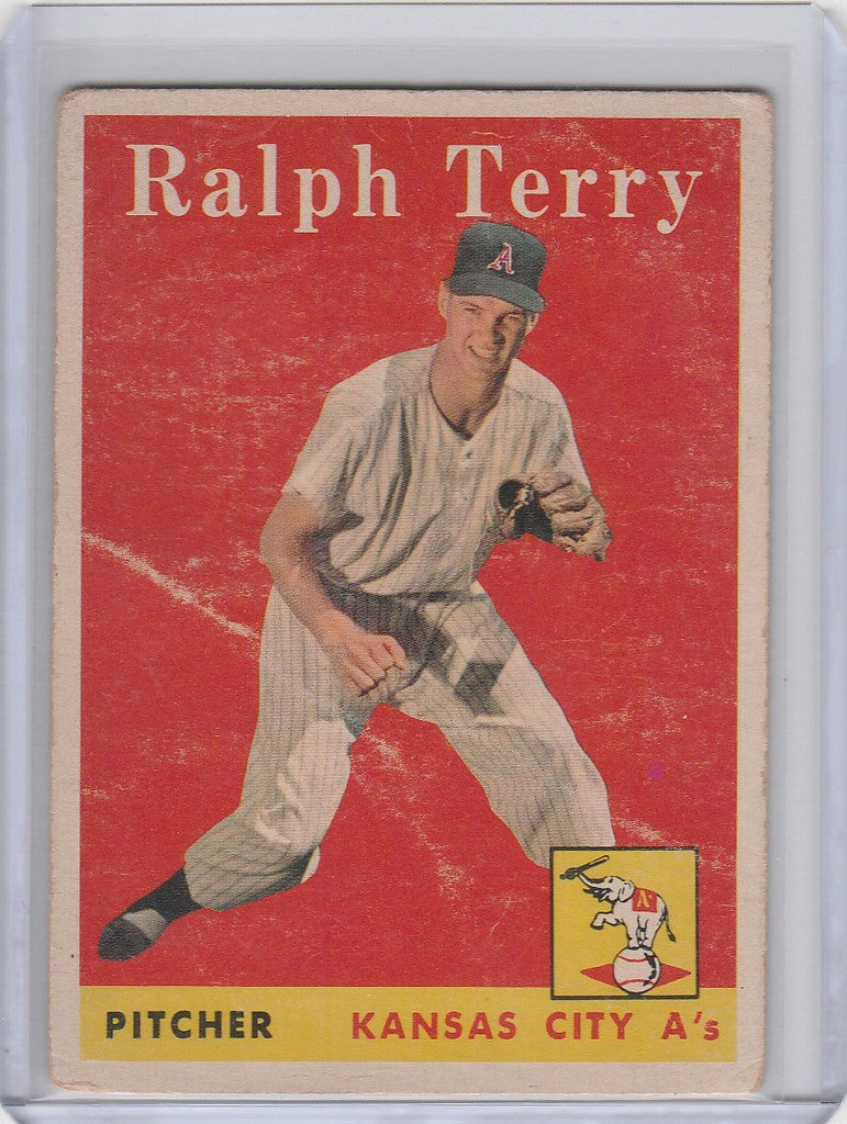 Vintage 1958 Topps Baseball card of Ralph Terry with Kansas City Athletics on red background