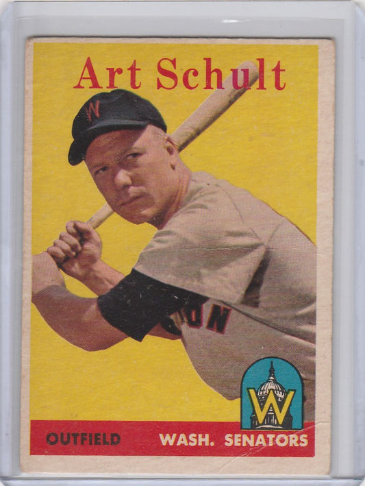 Vintage Topps Baseball card of Art Schult from the Washington Senators in a batting stance