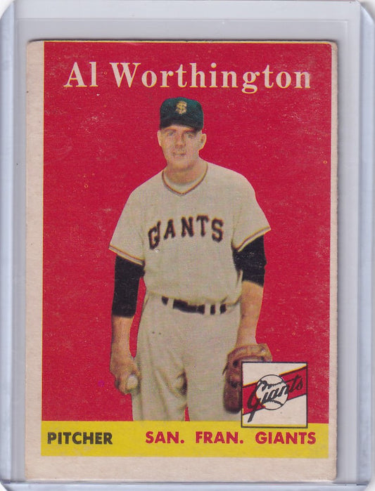 San Francisco Giants pitcher Al Worthington 1958 Topps Baseball card on red background