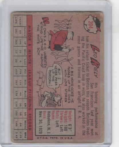 Vintage Topps Baseball card of Leo Kiely from the Boston Red Sox with stats and illustrations