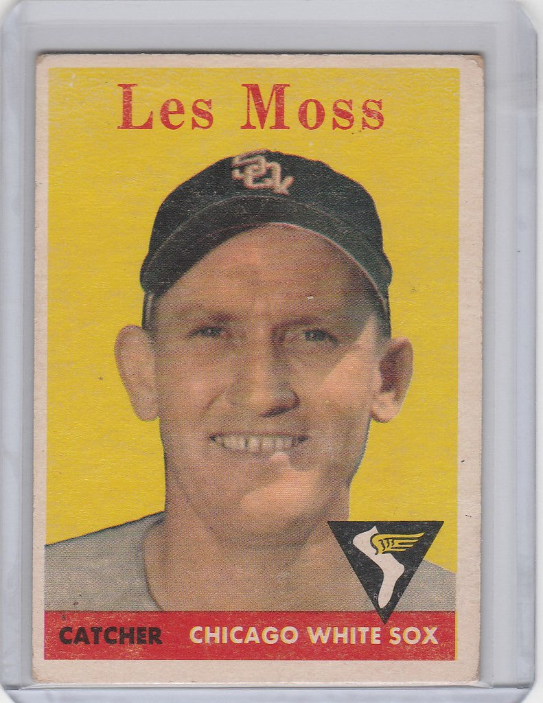 Vintage Topps Baseball card of Les Moss, Chicago White Sox catcher from 1958