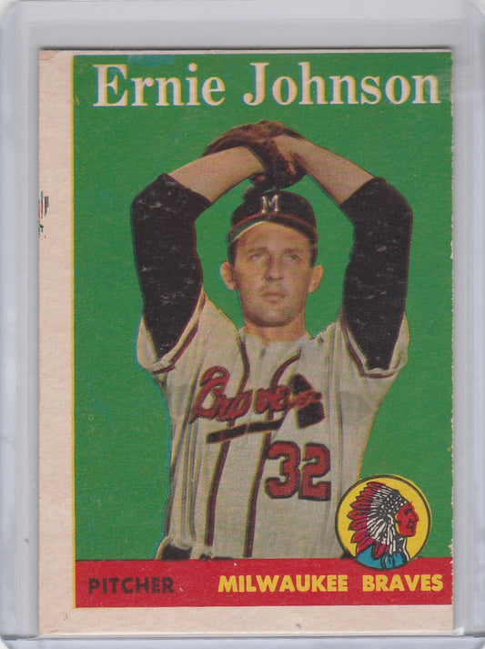 Vintage Topps Baseball card of Ernie Johnson, Milwaukee Braves pitcher in stance