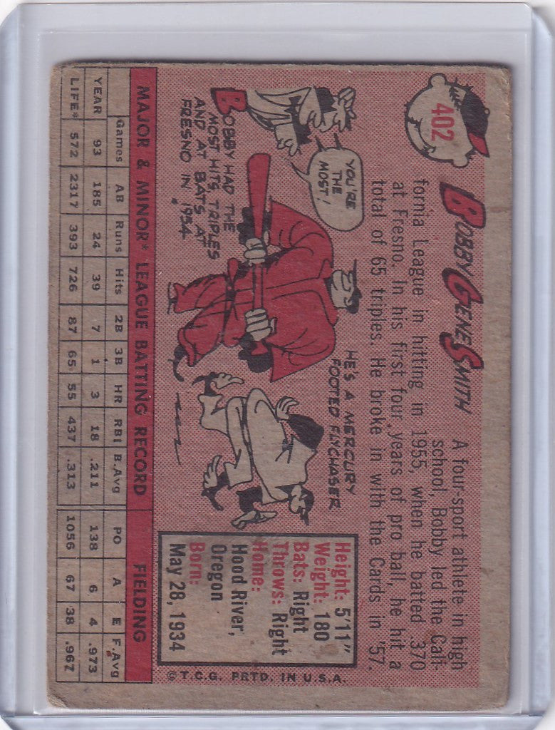 Vintage Topps Baseball card featuring Bobby Gene Smith with cartoon illustration and stats