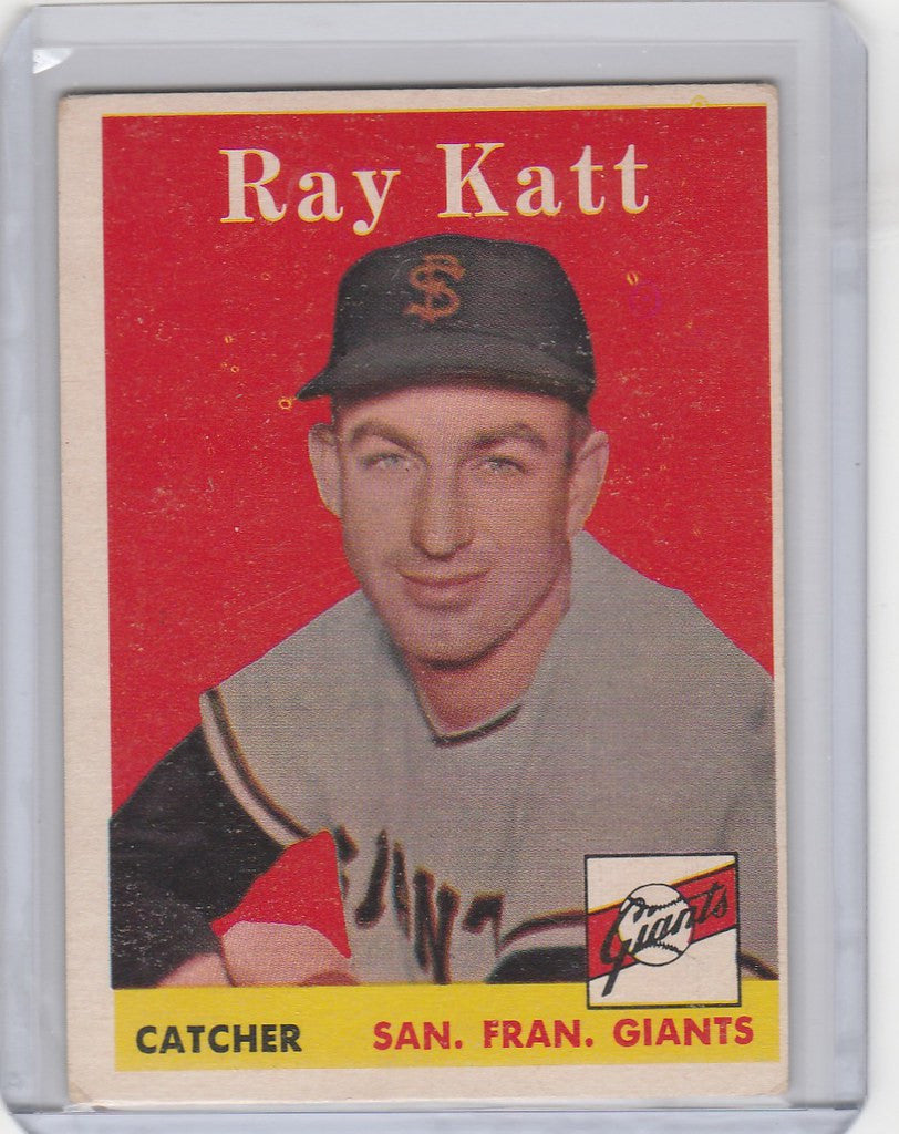 Vintage Topps Baseball card of Ray Katt, San Francisco Giants catcher from 1958