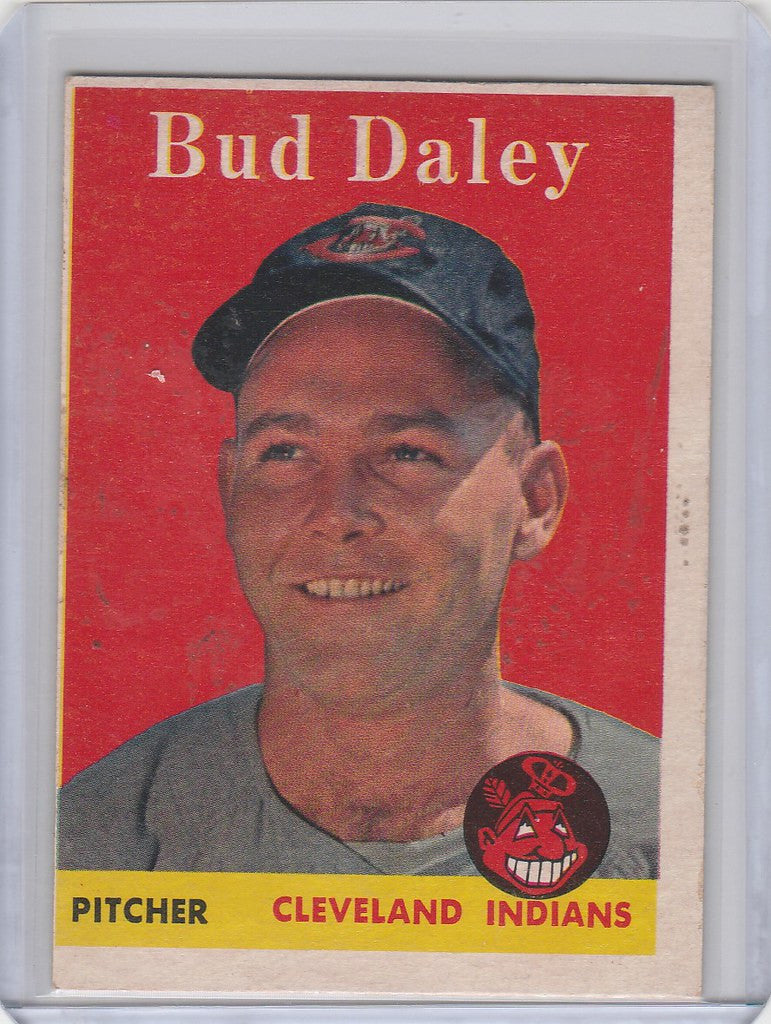 Baseball card of Bud Daley, smiling pitcher for the Cleveland Indians from Topps Baseball