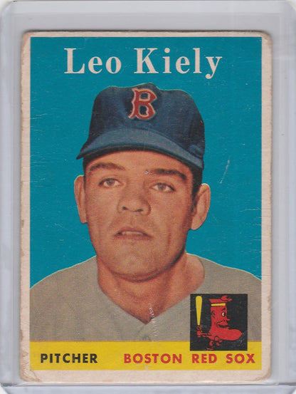 Vintage Topps Baseball card of Boston Red Sox pitcher Leo Kiely in blue cap