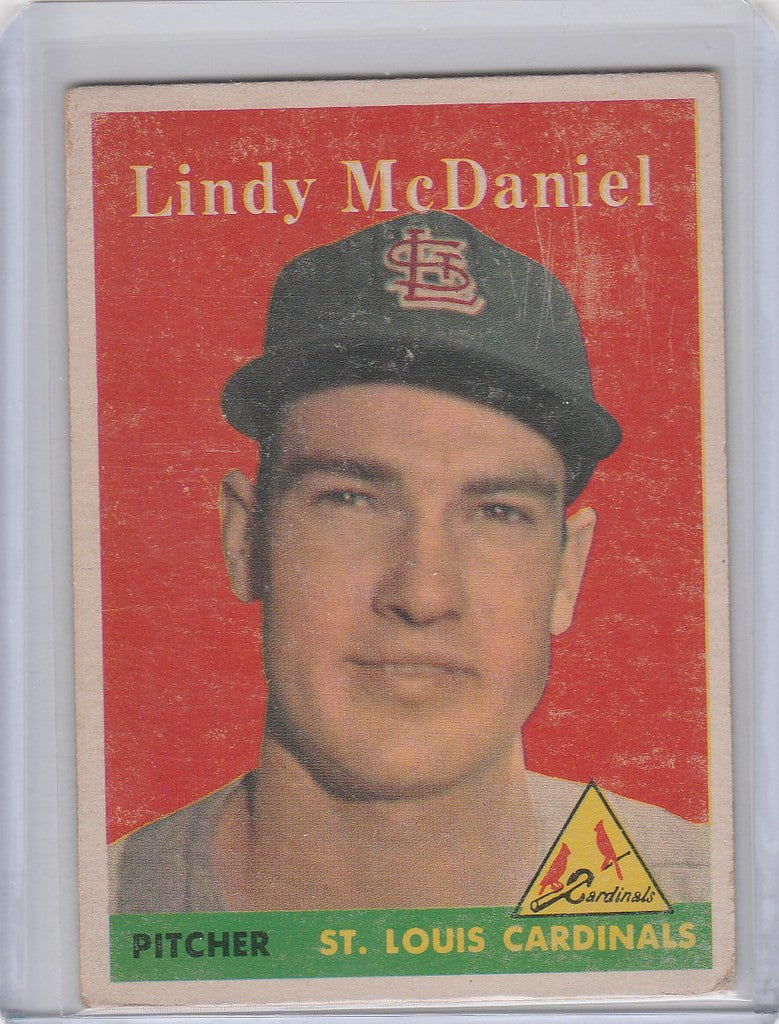 Vintage 1958 Topps Baseball card of Lindy McDaniel, St. Louis Cardinals pitcher