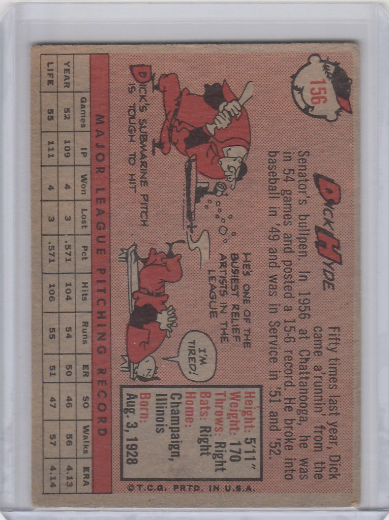 Vintage 1958 Topps Baseball card of Dick Hyde from Washington Senators with illustrations and stats