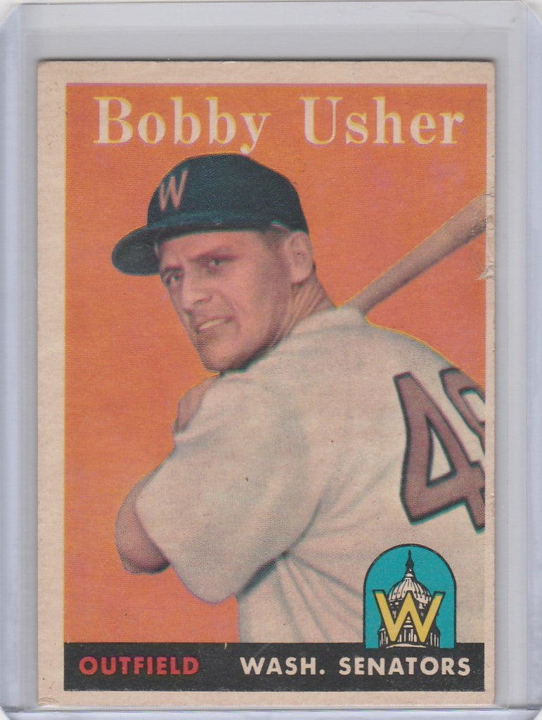 Vintage 1958 Topps Baseball card of Bob Usher, Washington Senators outfielder batting