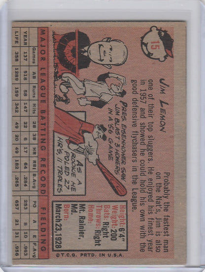 Vintage Topps Baseball card of Jim Lemon from the Washington Senators with cartoon art