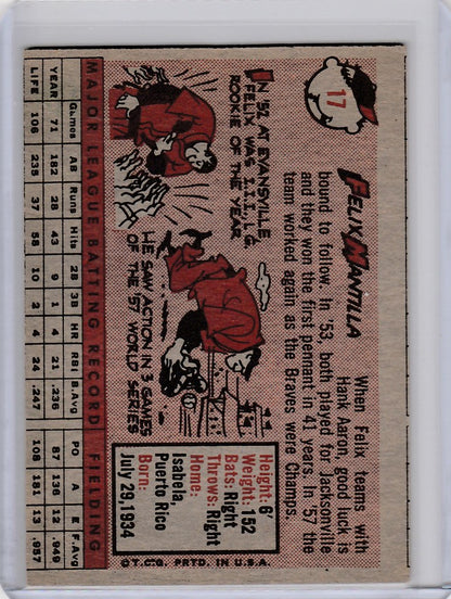 Vintage Topps baseball card of Felix Mantilla from Milwaukee Braves with stats and illustrations