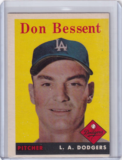 Vintage Topps Baseball card of Don Bessent, Los Angeles Dodgers pitcher on yellow背景