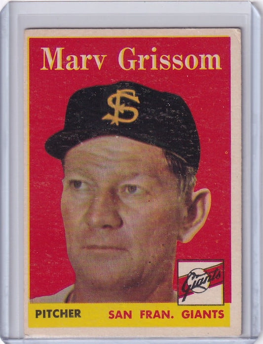 Baseball card of Marv Grissom from San Francisco Giants Topps Baseball 1958 collection