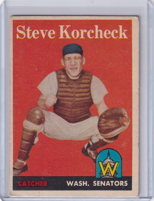 Vintage 1958 Topps Baseball card of Steve Koheck, catcher for the Washington Senators