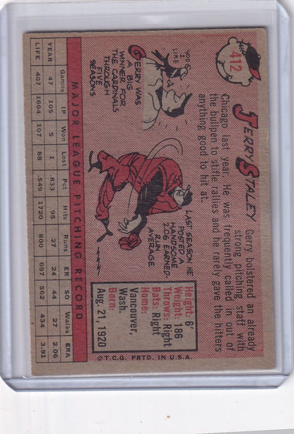 Vintage 1958 Topps Baseball card of Jerry Staley featuring Chicago White Sox illustrations