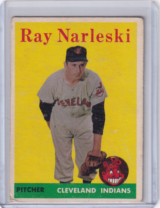 Vintage Topps Baseball card of Ray Narleski, Cleveland Indians pitcher in uniform