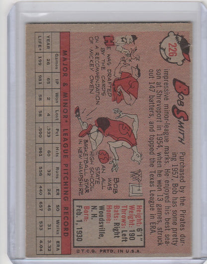 Vintage 1958 Topps Baseball card of Bob Smith from the Pittsburgh Pirates featuring stats