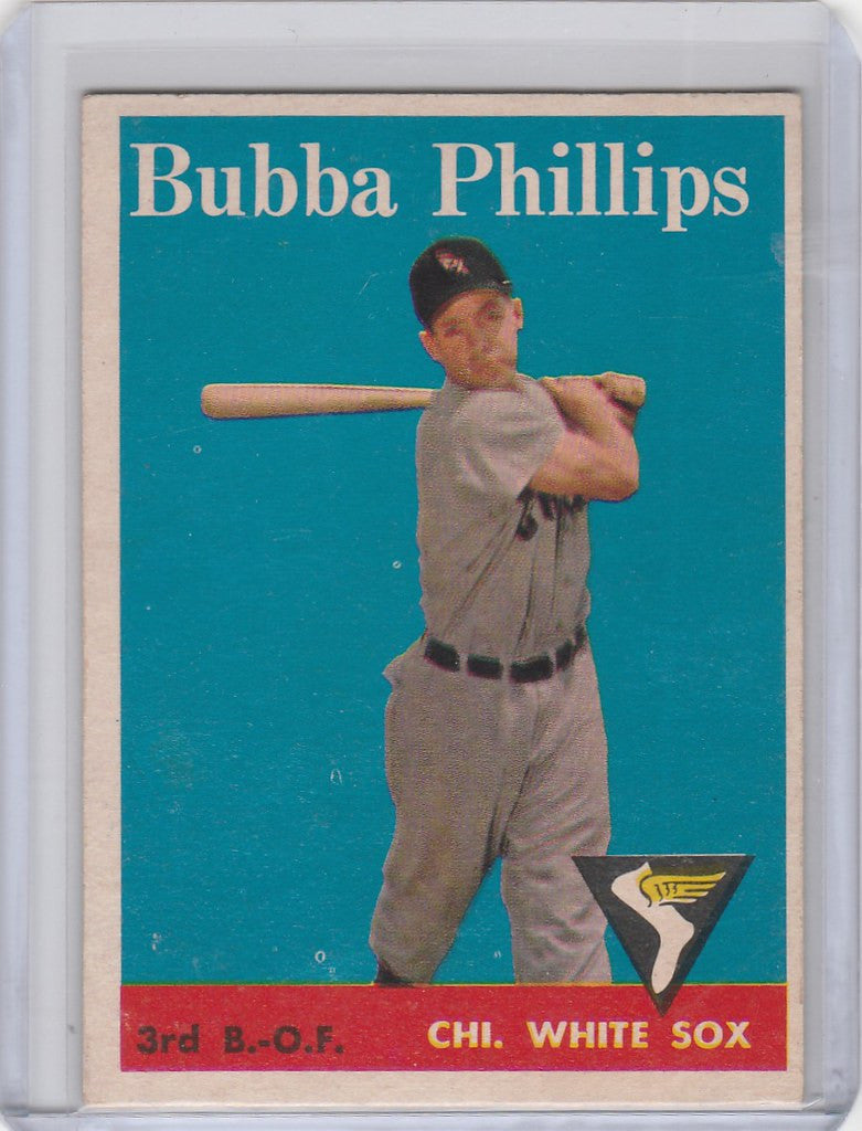 Vintage Topps Baseball card of Bubba Phillips in a Chicago White Sox batting stance