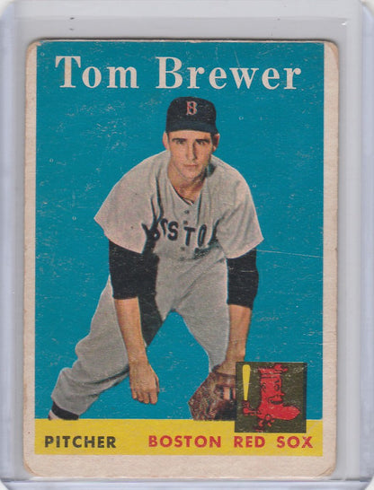 Vintage 1958 Topps Baseball card of Boston Red Sox pitcher Tom Brewer in stance