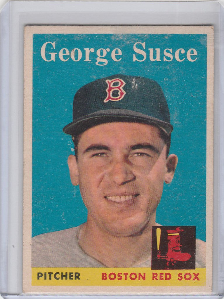 Baseball card of George Susce, smiling pitcher for the Boston Red Sox from Topps Baseball