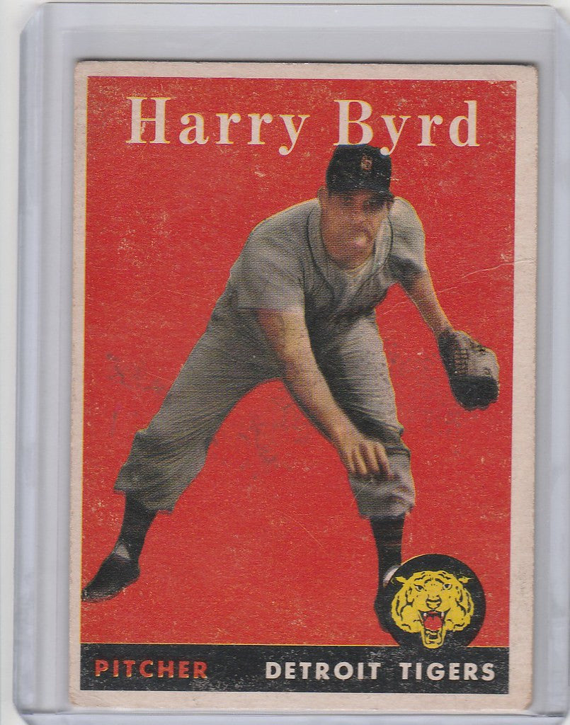 Vintage Topps Baseball card of Harry Byrd, Detroit Tigers pitcher in throwing stance