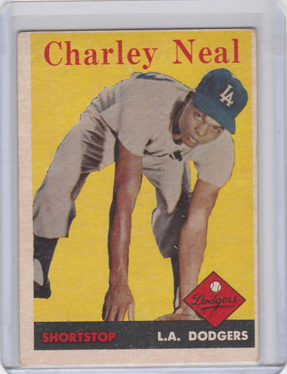 Vintage Topps Baseball card of Charlie Neal fielding for Los Angeles Dodgers