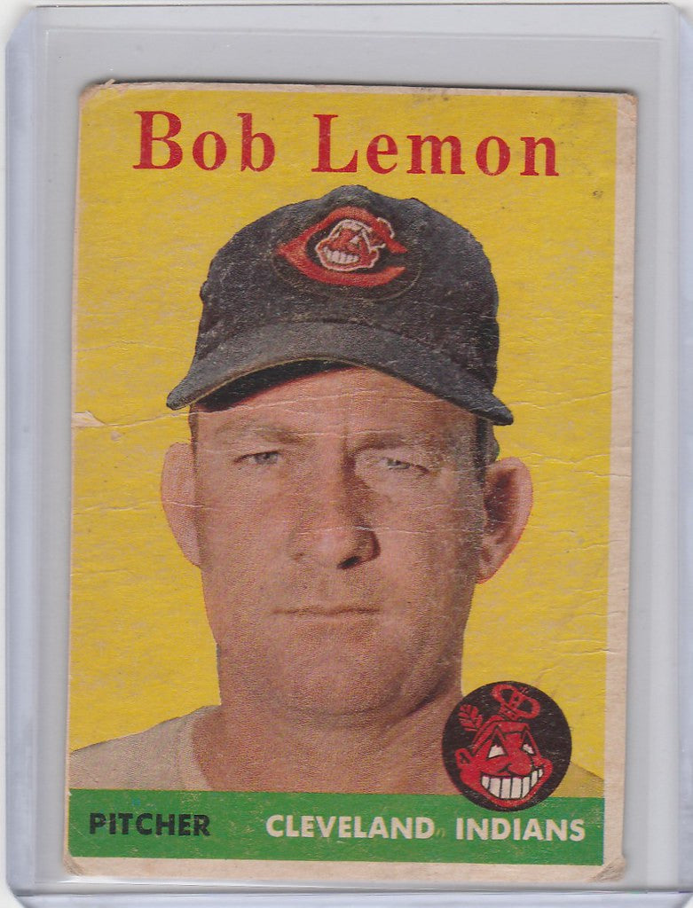 Vintage Topps Baseball card of Bob Lemon, Cleveland Indians pitcher with serious expression