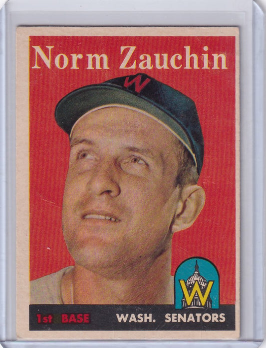 Vintage 1958 Topps Baseball card of Norm Zauchin from the Washington Senators