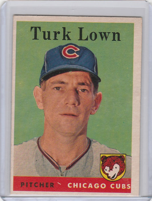 Vintage Topps Baseball card of Turk Lown, Chicago Cubs pitcher, from 1958